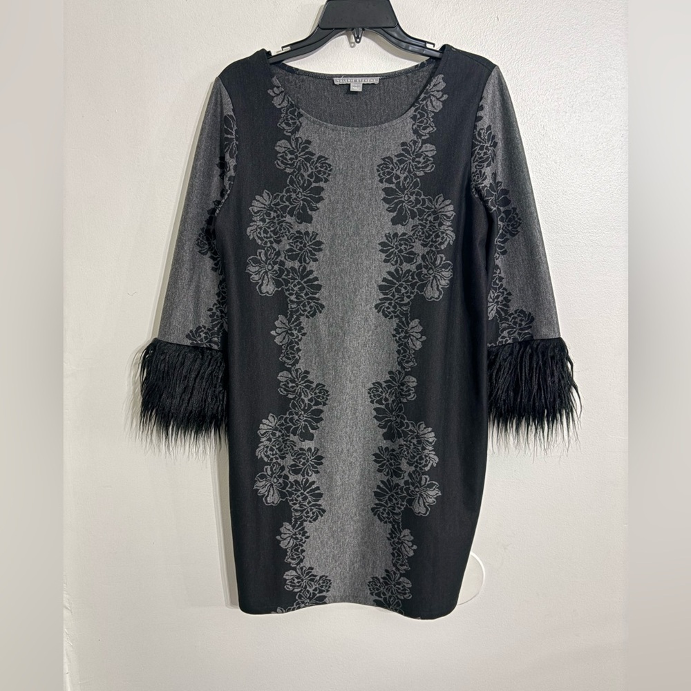 Valarie Stevens Elegant Black Floral Dress with Feathered Sleeves Size Large